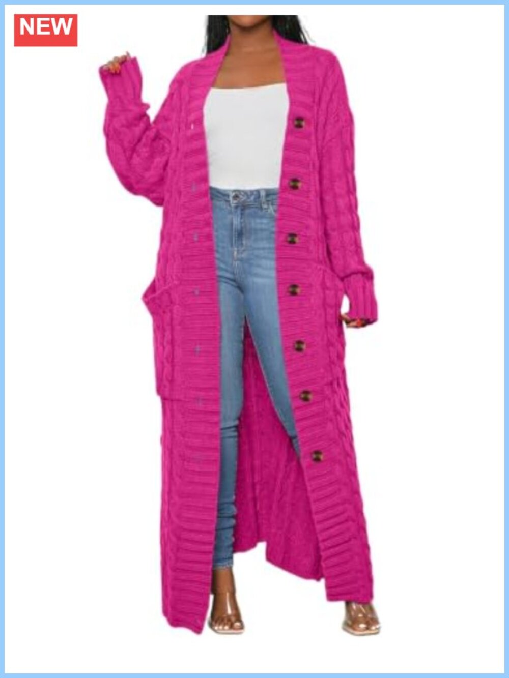 Womens Cable Knit Chunky Long Cardigan Sweater Button Two Pockets